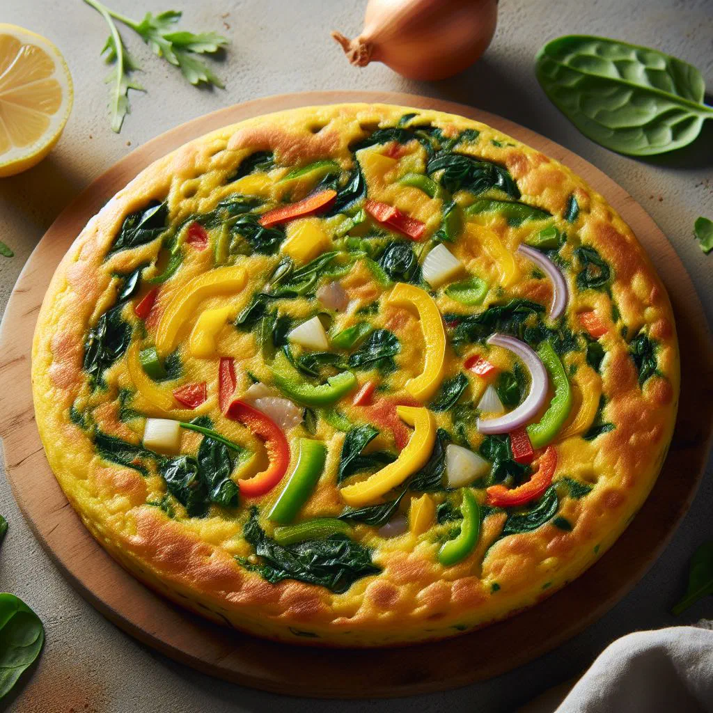 Golden vegetable tortilla studded with peppers, courgette and herbs
