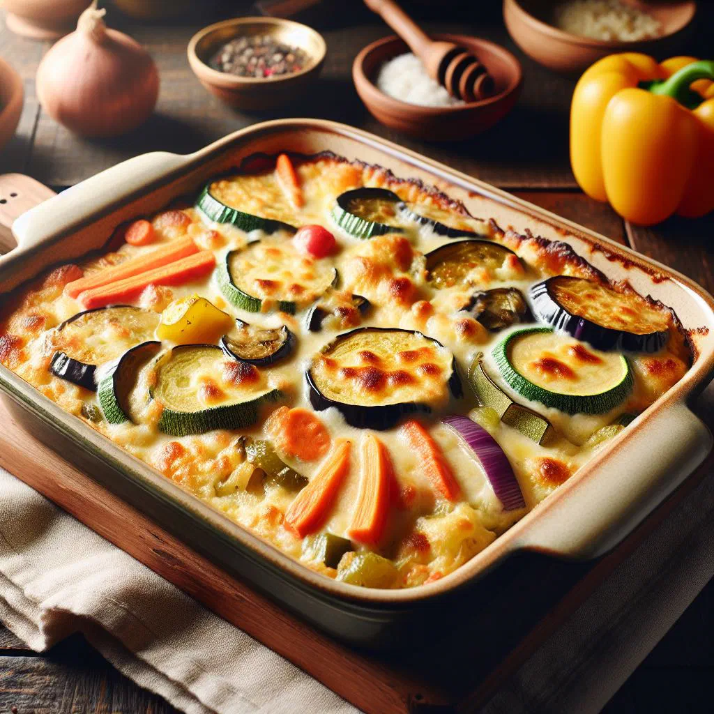 Mixed vegetables baked under a golden cheese topping in a gratin dish