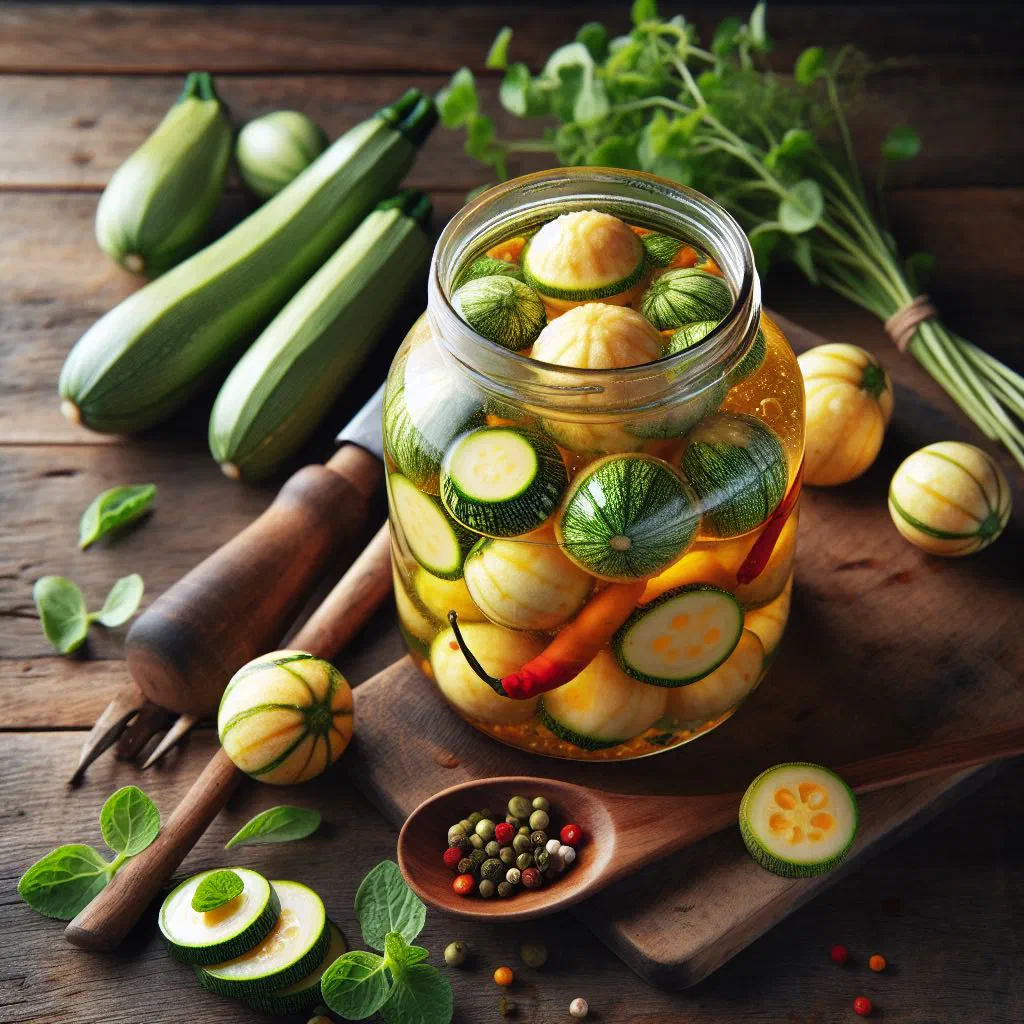Sliced courgettes pickled in a herby vinegar and olive oil marinade