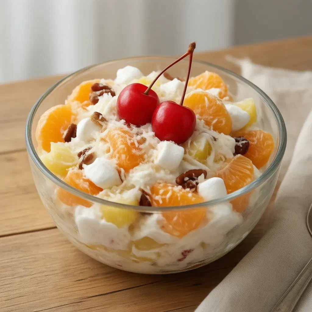 Creamy ambrosia salad with mandarins, pineapple, marshmallows, coconut and cherries in a glass bowl