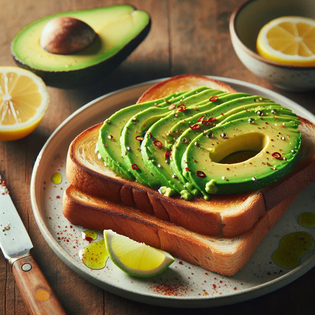 Avocado toast on toasted wholemeal bread topped with fresh herbs