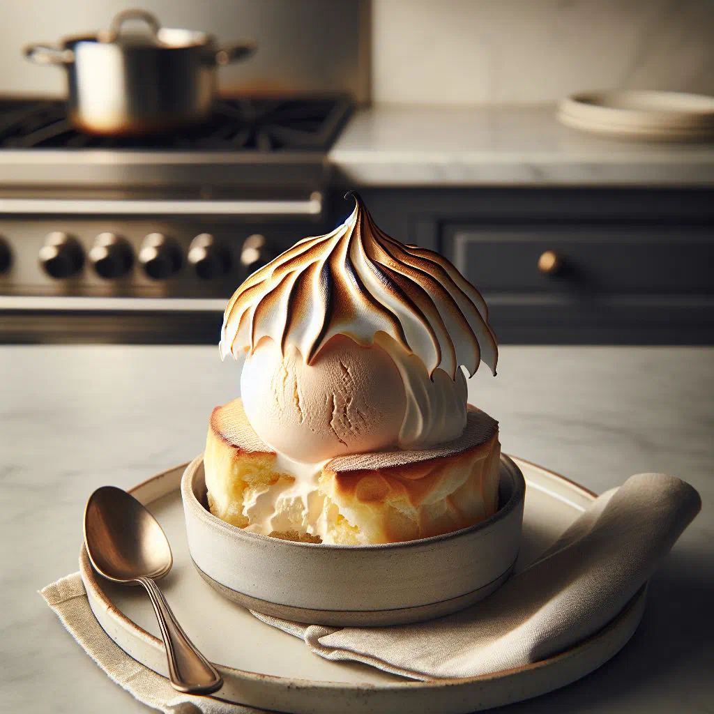 Baked Alaska with golden-browned meringue over ice cream and sponge cake