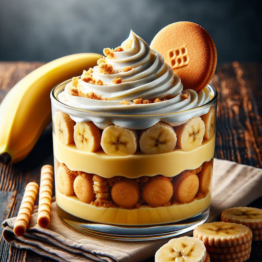 Layered banana pudding with vanilla wafers, sliced bananas and whipped cream