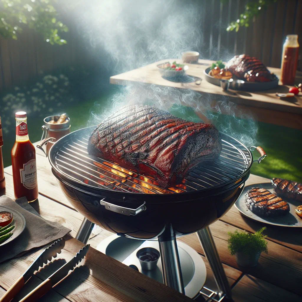 Sliced smoked barbecue brisket with a dark bark and BBQ sauce
