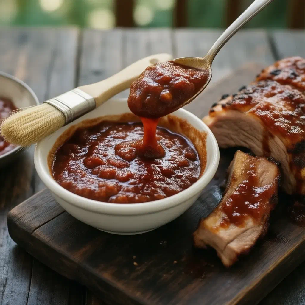 Thick, glossy dark red barbecue sauce in a white bowl beside glazed pork rib slices on a board