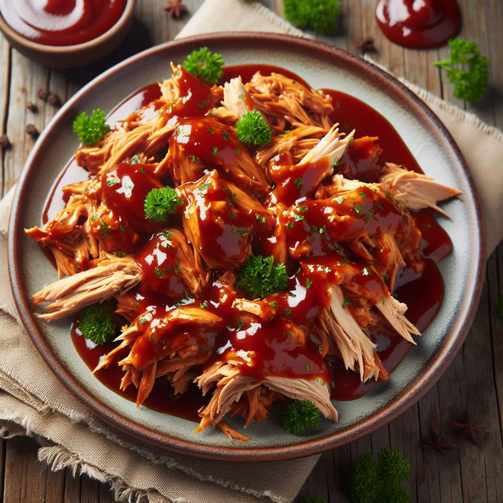BBQ pulled chicken piled in a soft bun with barbecue sauce