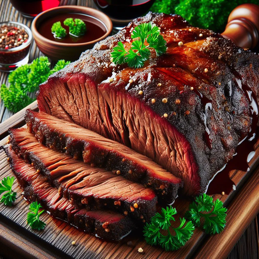 Sliced smoked beef brisket with a dark spice crust on a wooden board