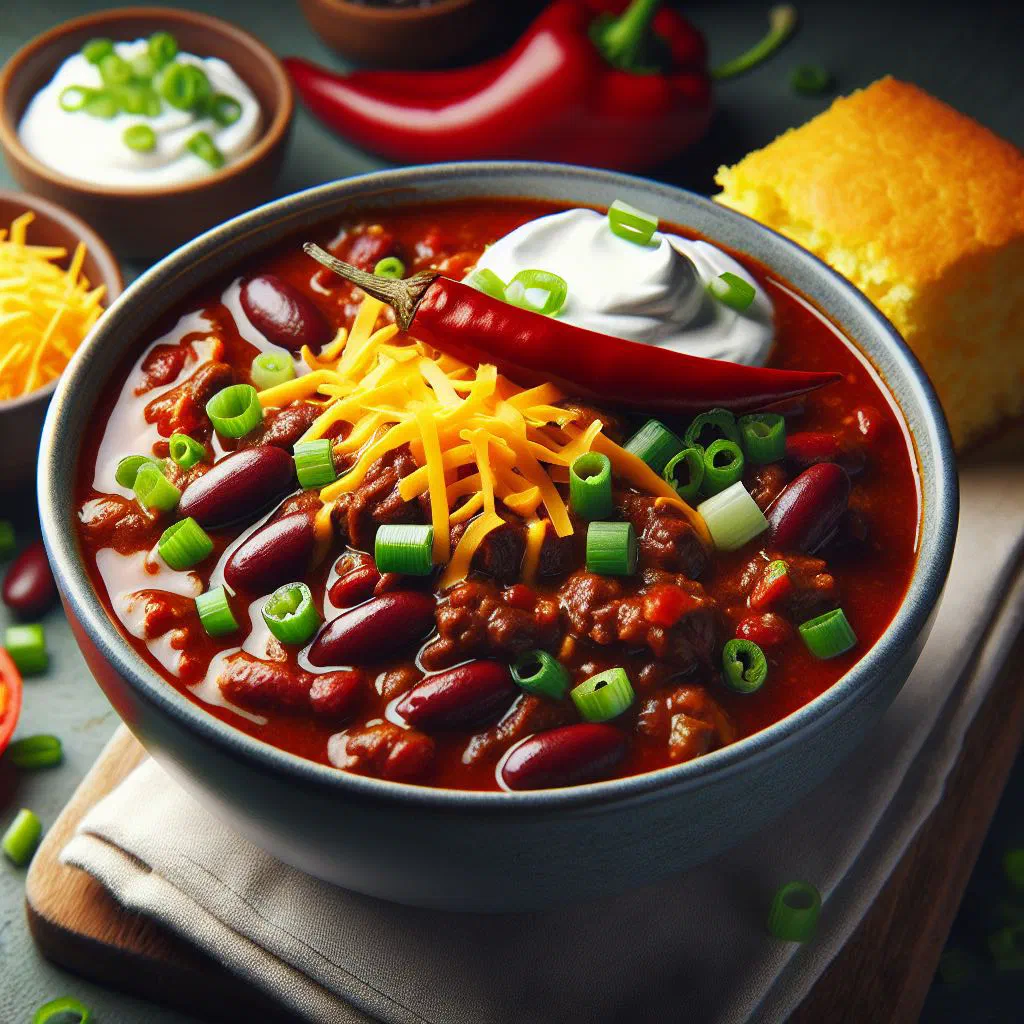 A bowl of hearty beef chili garnished with fresh coriander