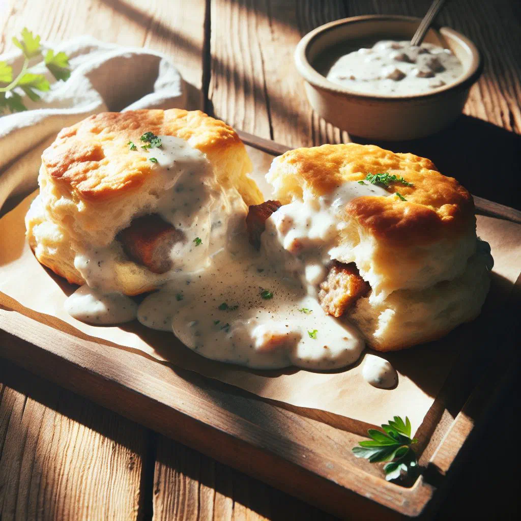 Fluffy biscuits smothered in creamy sausage gravy on a plate