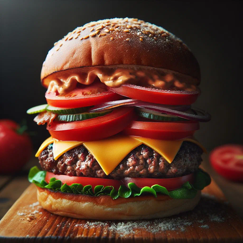 Bison burger in a toasted bun with lettuce, tomato and onion