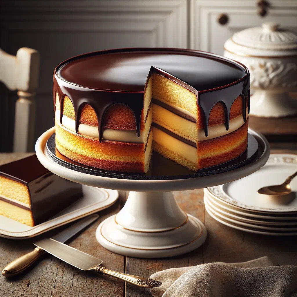 Slice of Boston cream pie with vanilla custard filling and chocolate glaze