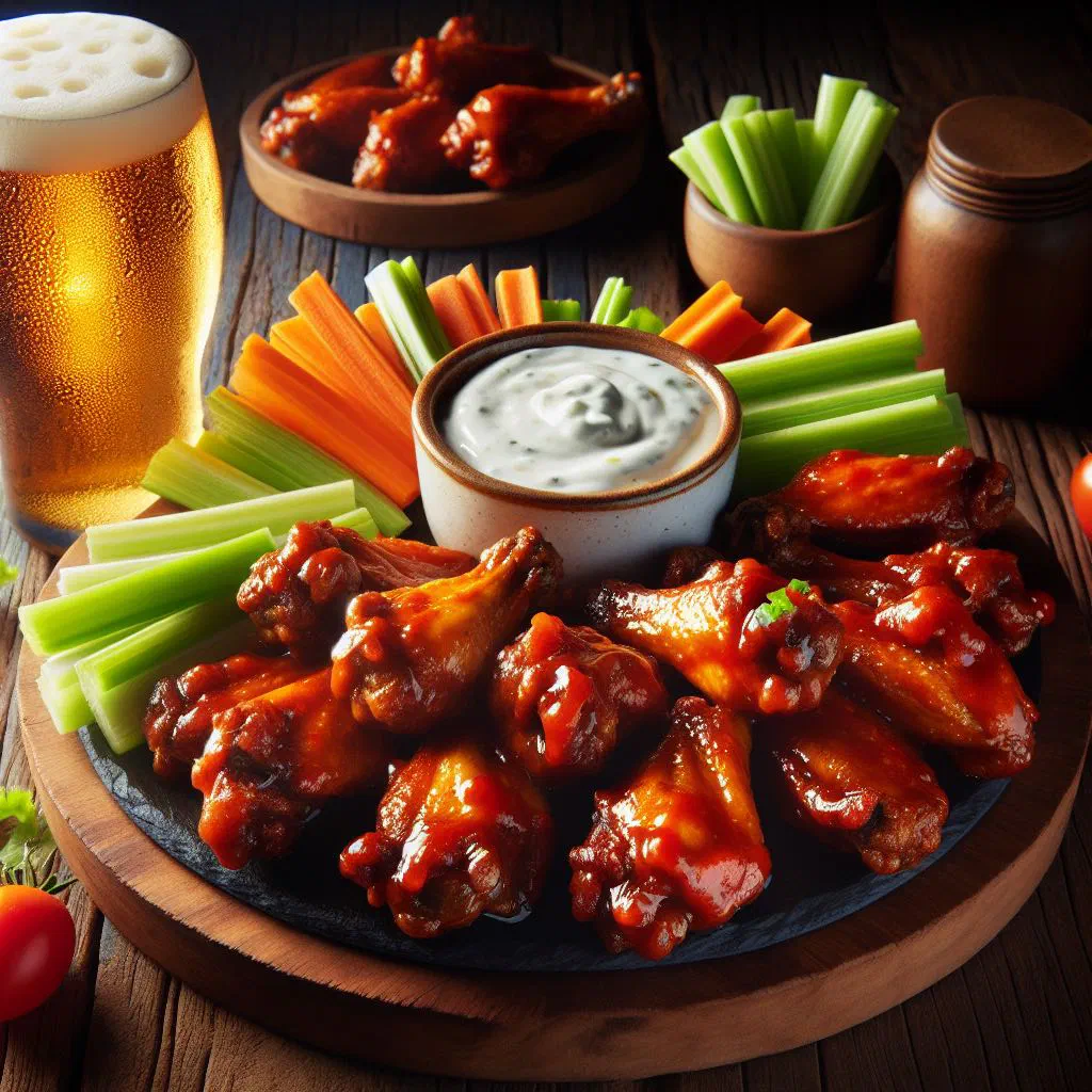 Crispy buffalo wings coated in spicy red sauce with blue cheese dip