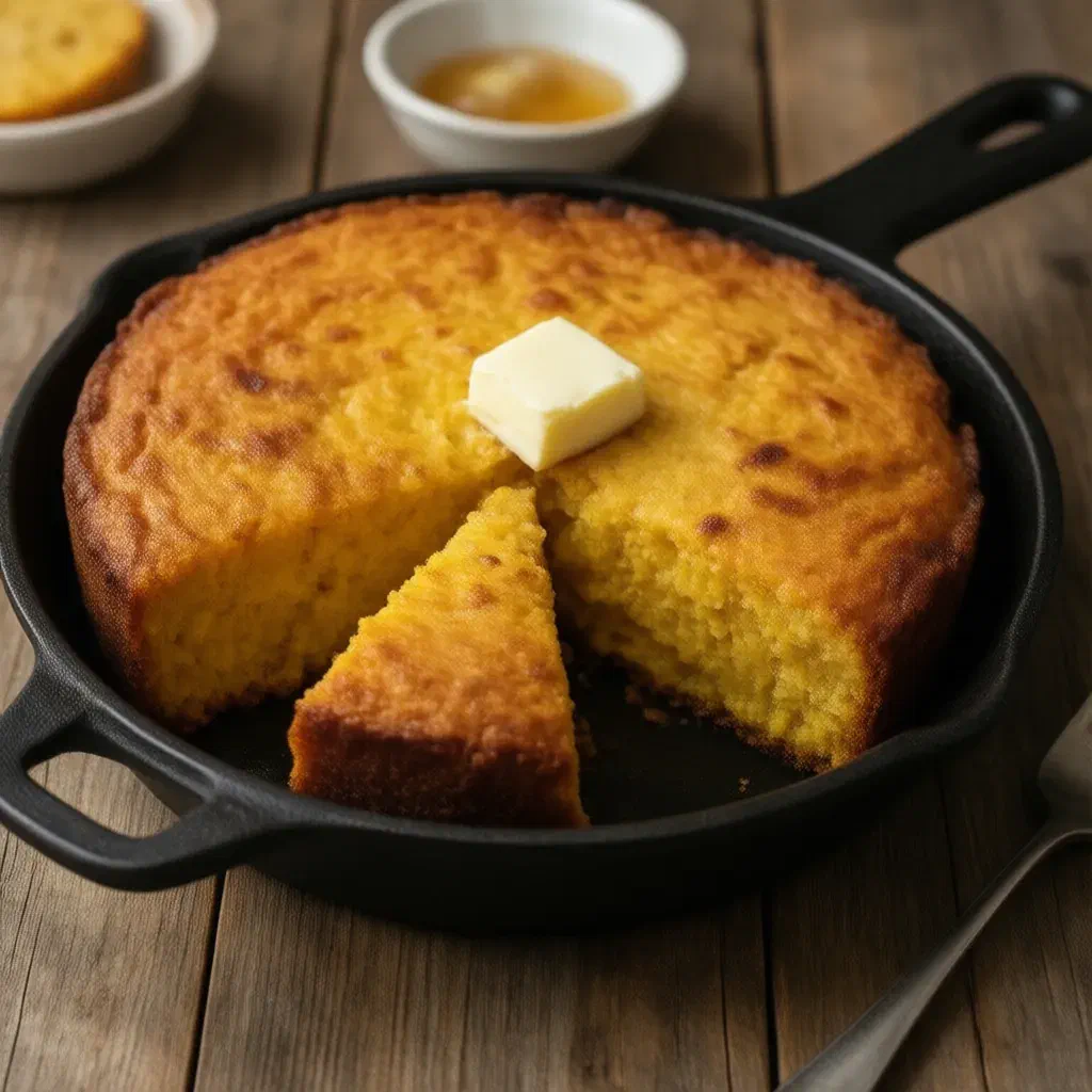 Golden skillet cornbread in a cast iron pan, wedges cut, with melting butter and a bowl of honey