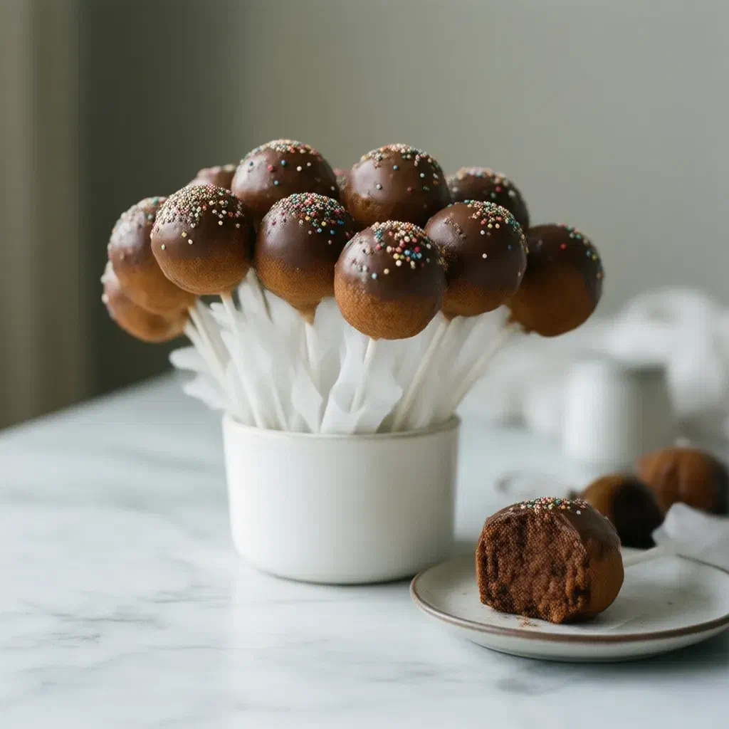 Twelve cake pops coated in milk and dark chocolate with colourful sprinkles in a white holder
