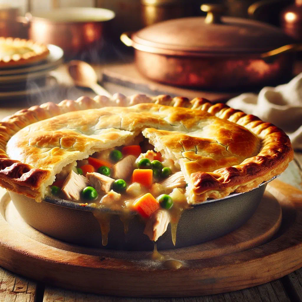 Golden chicken pot pie with a flaky pastry crust