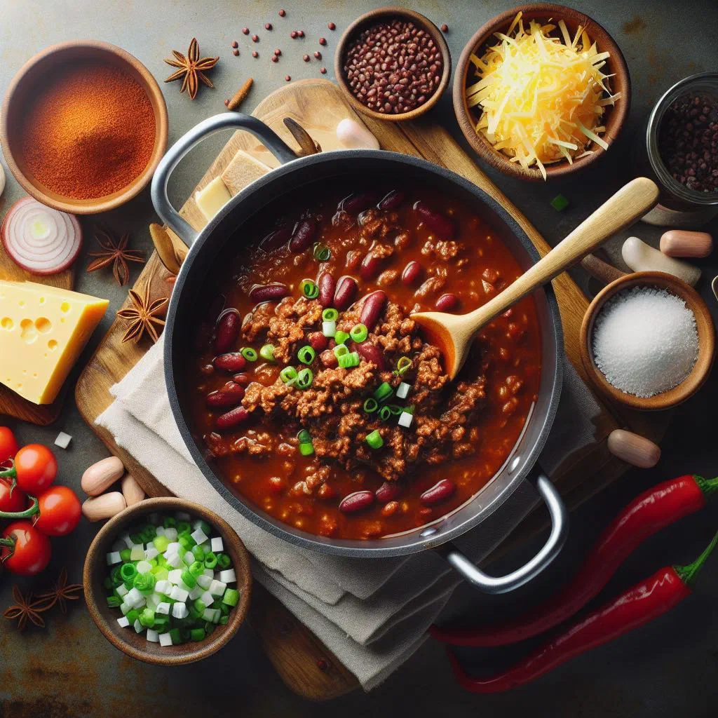 A bowl of chili con carne with beef, kidney beans and tomatoes