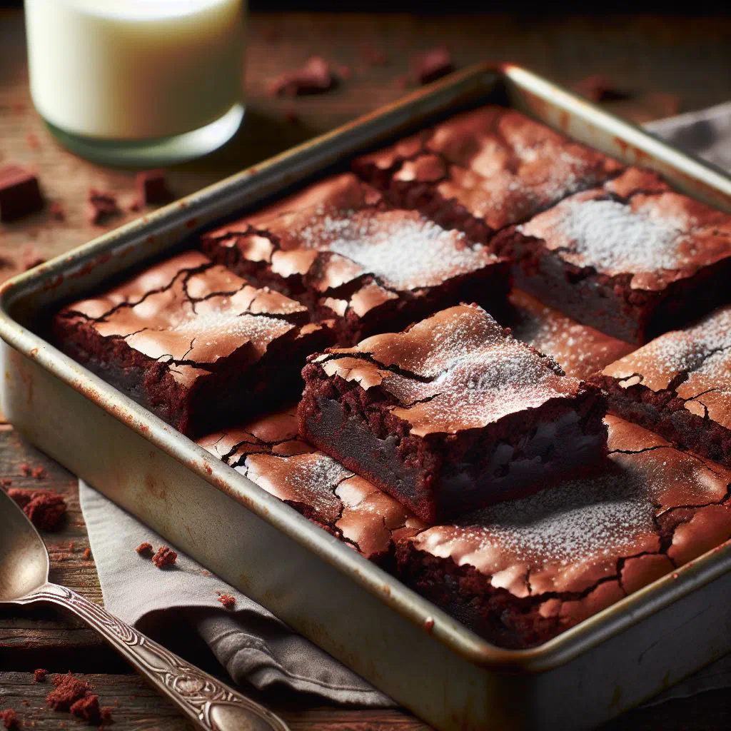 Stack of fudgy chocolate brownies dusted with cocoa