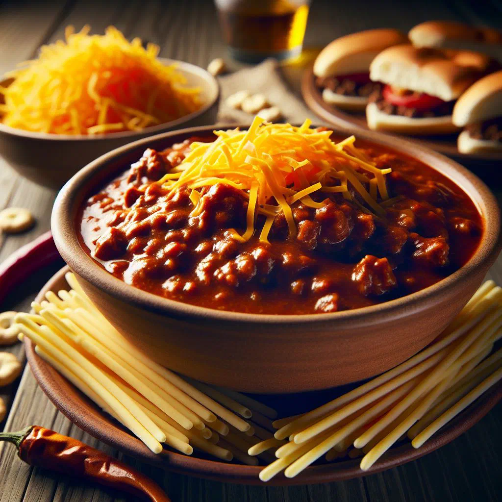 Cincinnati chili served over spaghetti and topped with grated cheese
