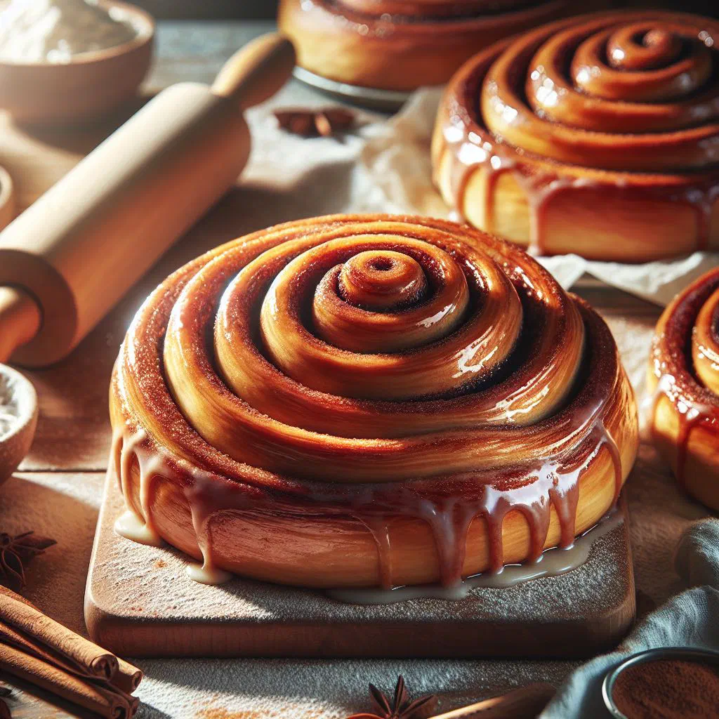 Freshly baked cinnamon rolls drizzled with white glaze