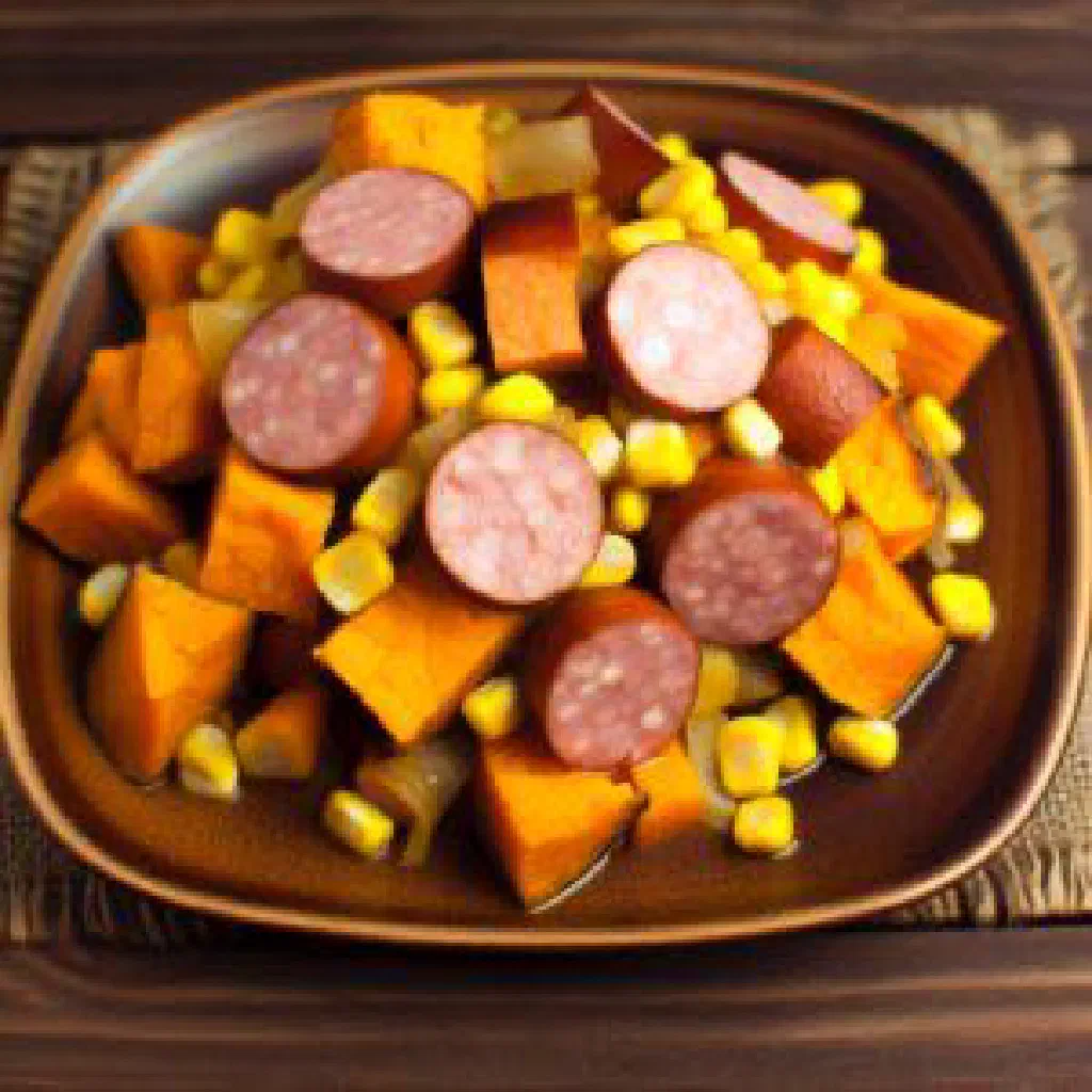 Clam bake with fresh clams, sweet potatoes, corn and sausage on a platter
