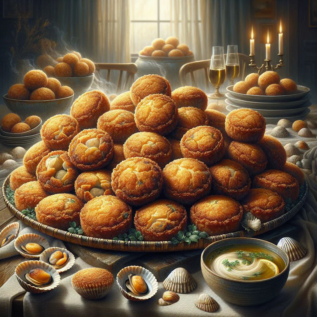 Golden deep-fried clam cakes piled on a plate with a wedge of lemon