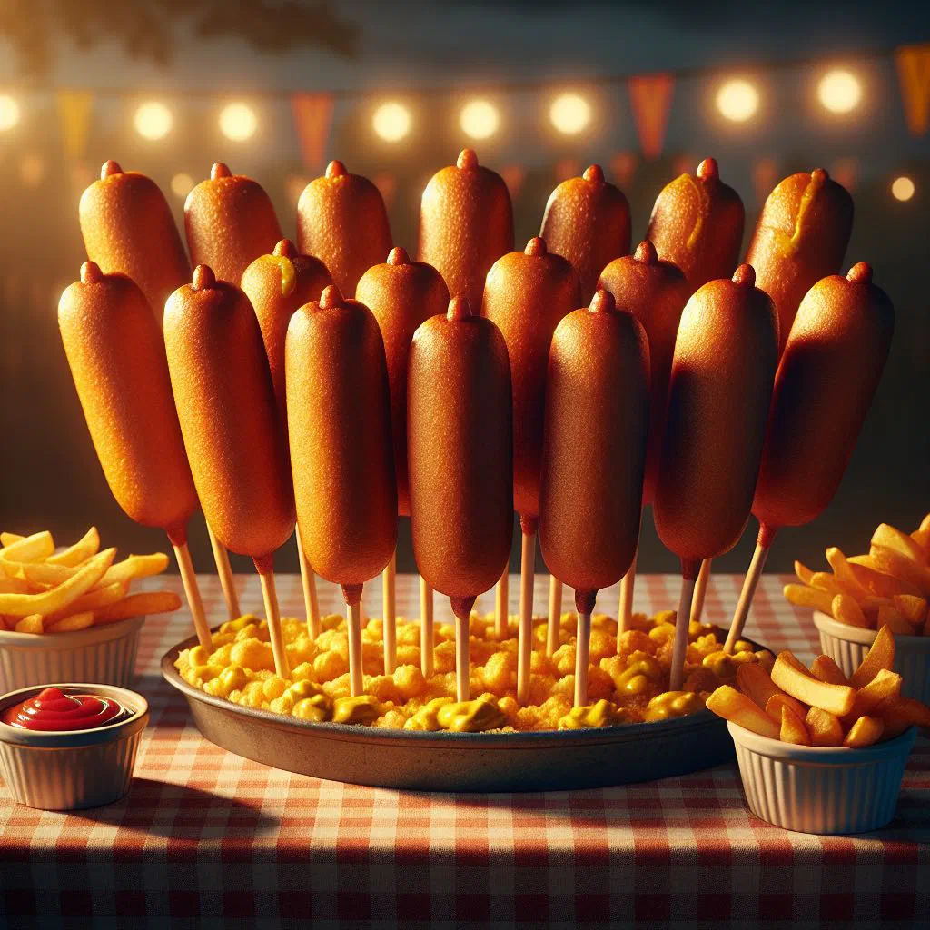 Golden deep-fried corn dogs on sticks with mustard and ketchup