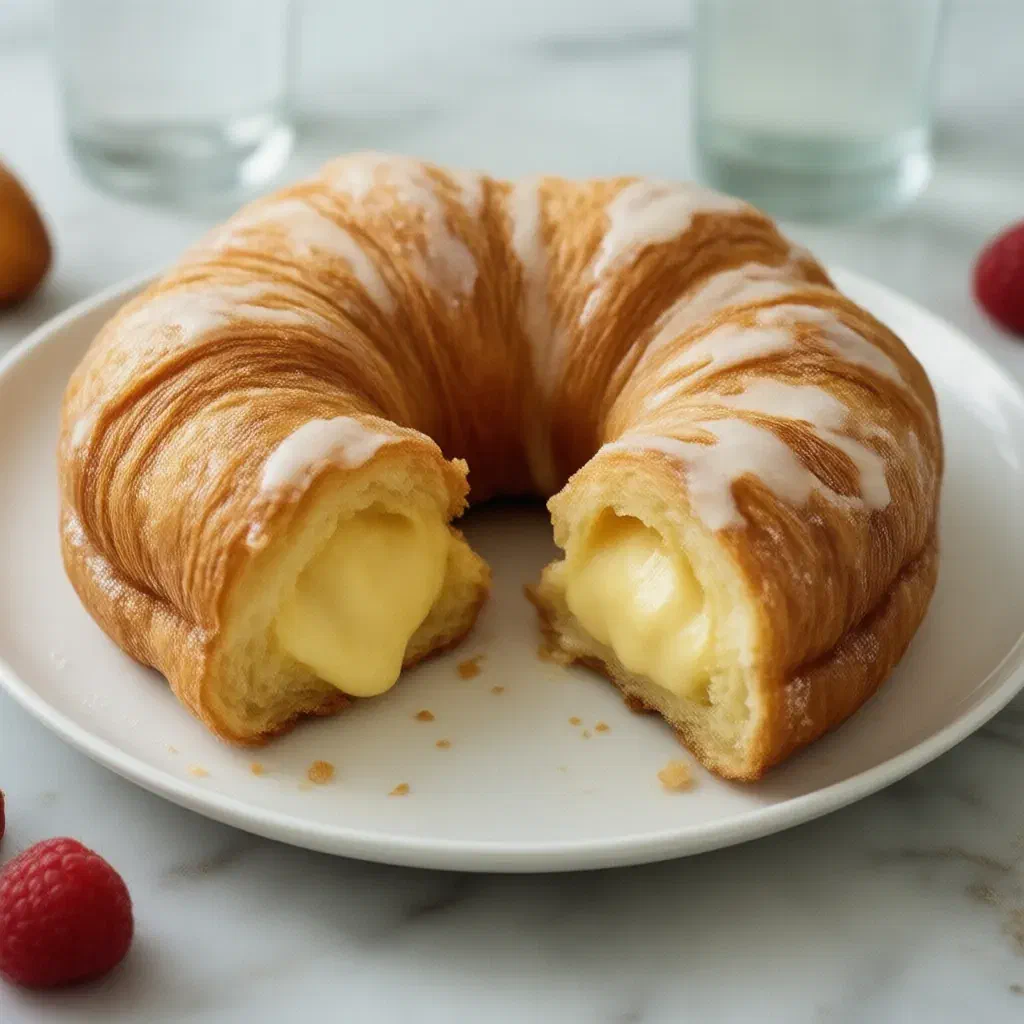 Sugar-coated cronut with flaky golden layers and white glaze, one cut open to show vanilla custard