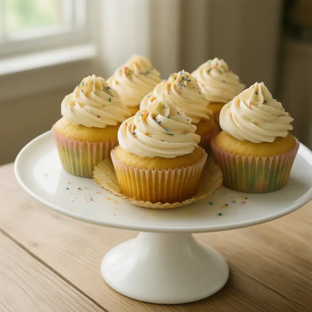 Vanilla cupcakes in pastel paper cases with swirls of buttercream frosting and sprinkles