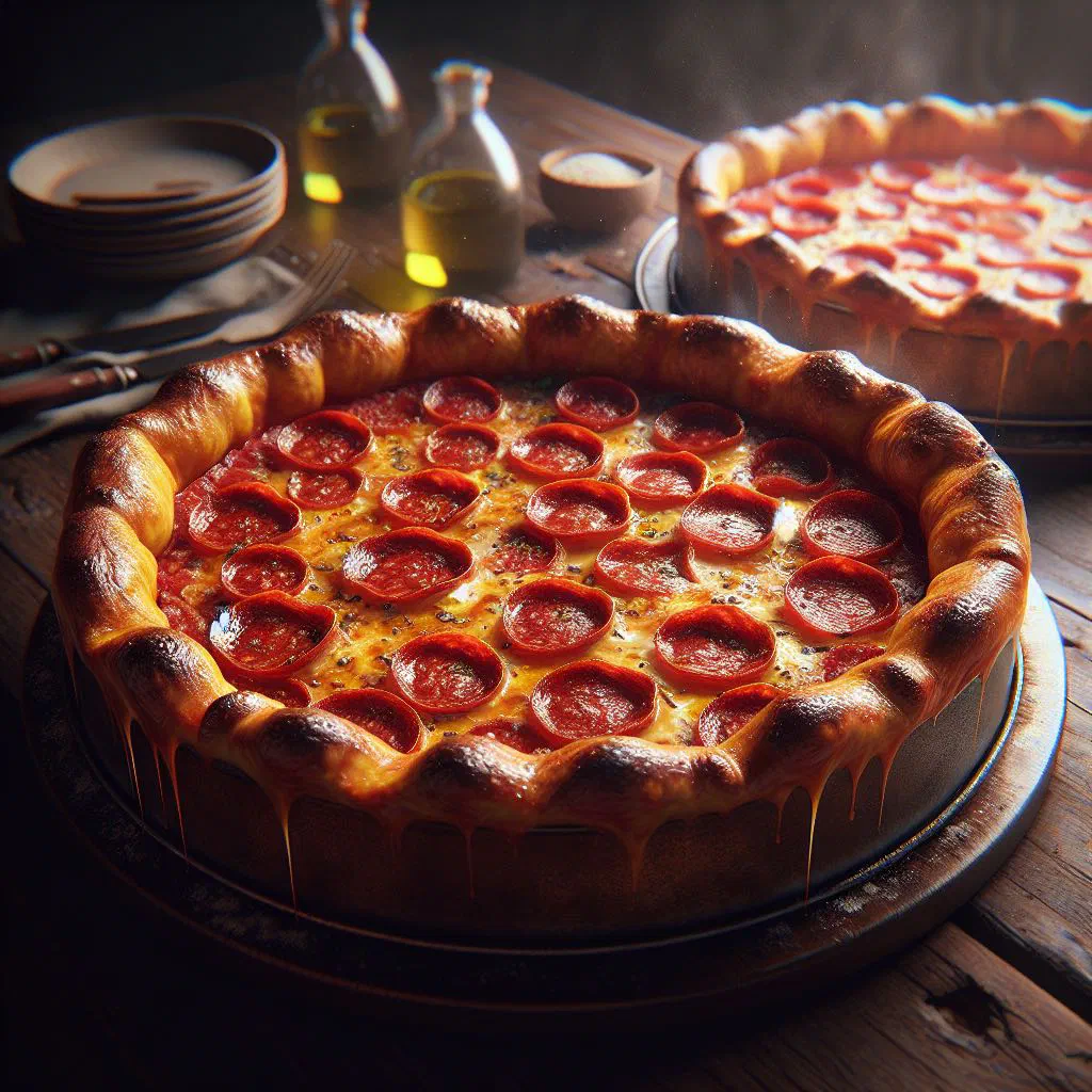 Thick-crust Chicago deep-dish pizza with melted cheese and tomato sauce