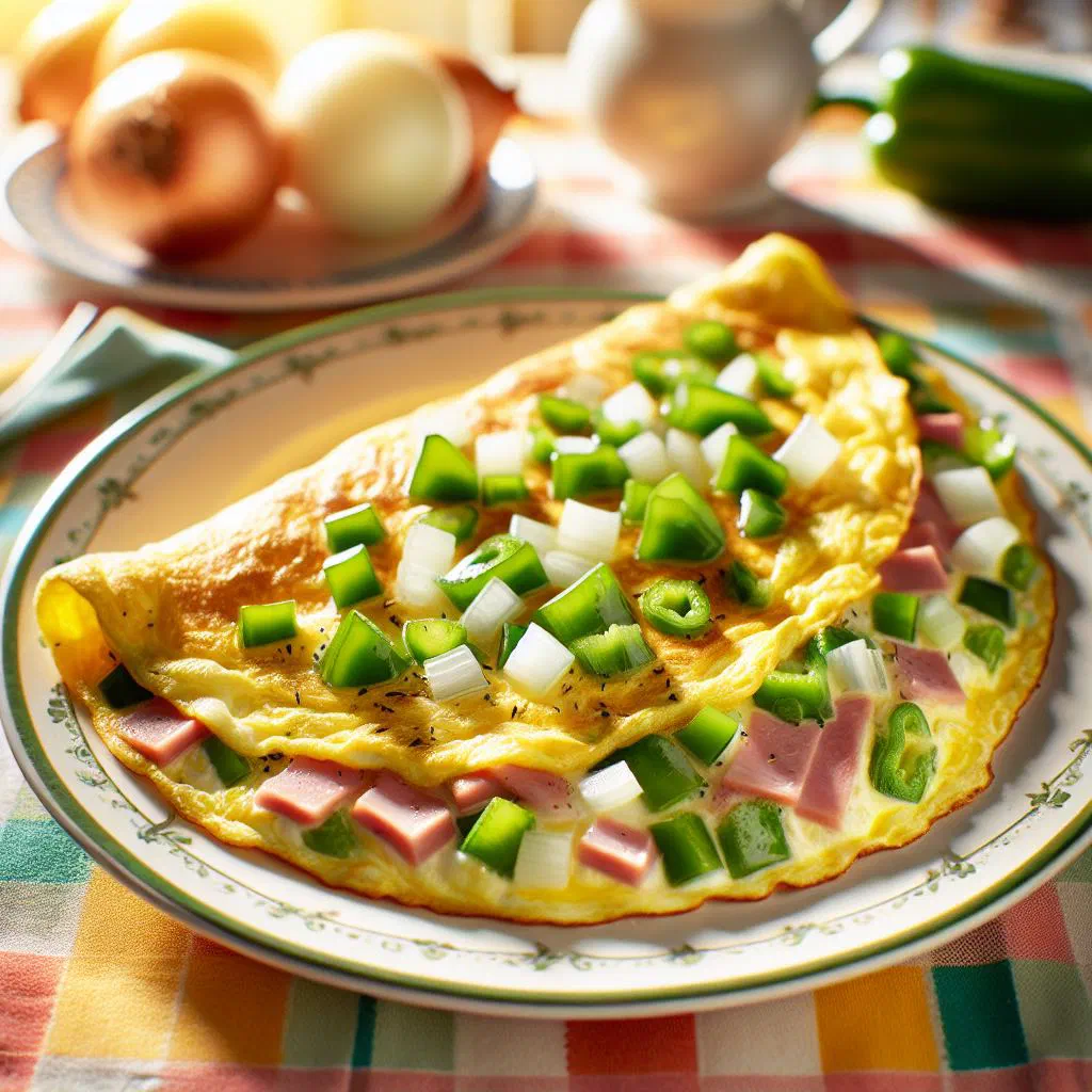 Folded Denver omelet filled with ham, peppers and onions on a plate