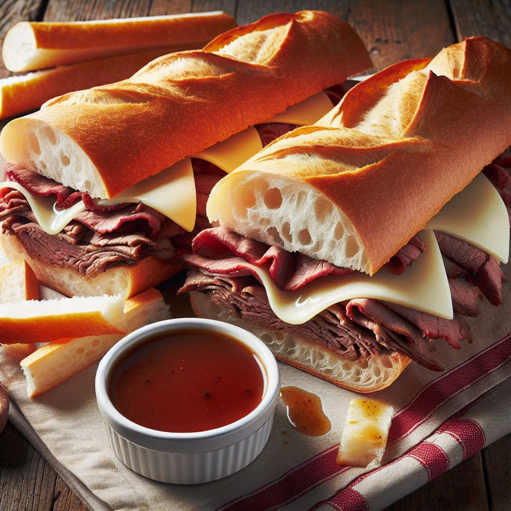 French dip sandwich on a crusty roll served with a bowl of beef broth for dipping