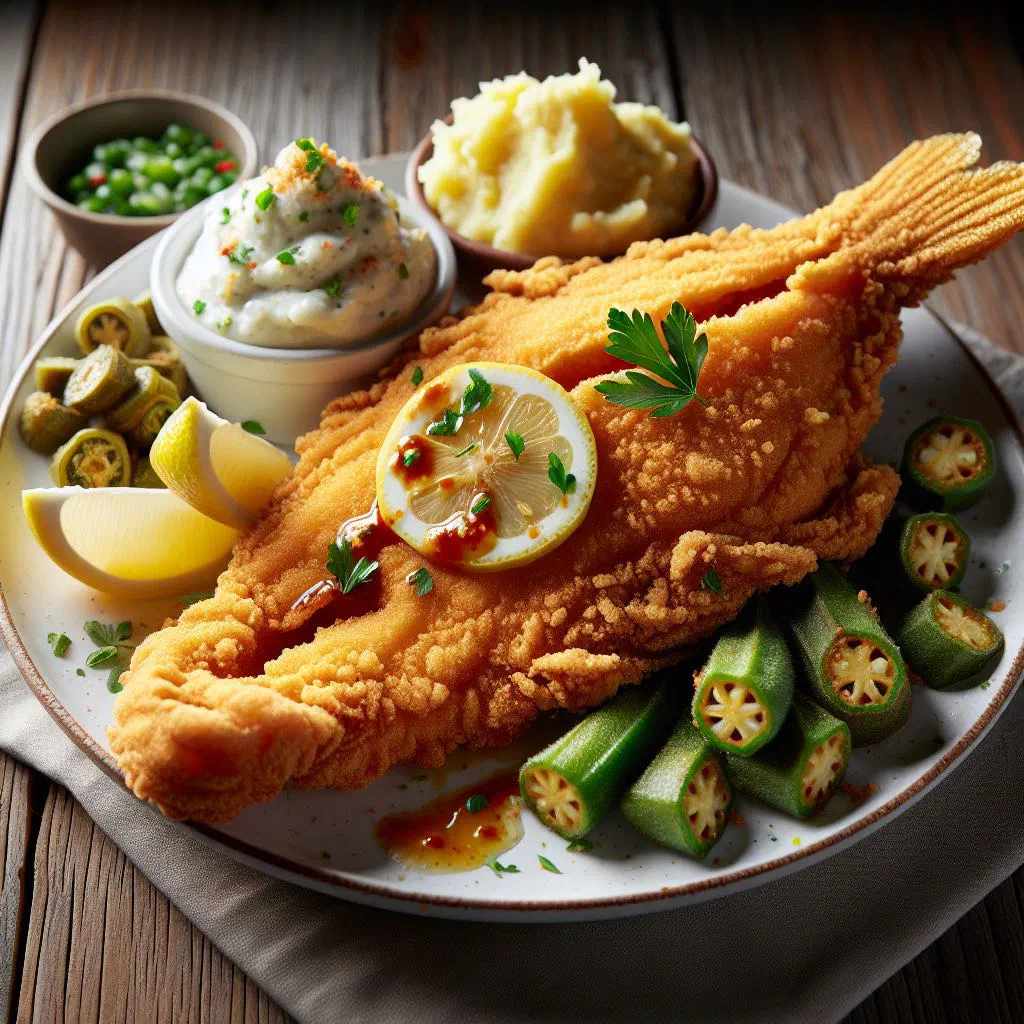Golden, crispy fried catfish fillets served with coleslaw and a lemon wedge