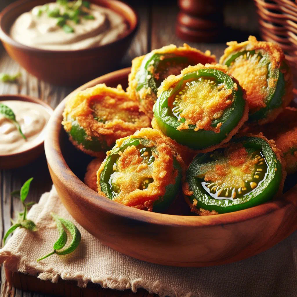 Crispy golden fried green tomato slices stacked on a rustic plate