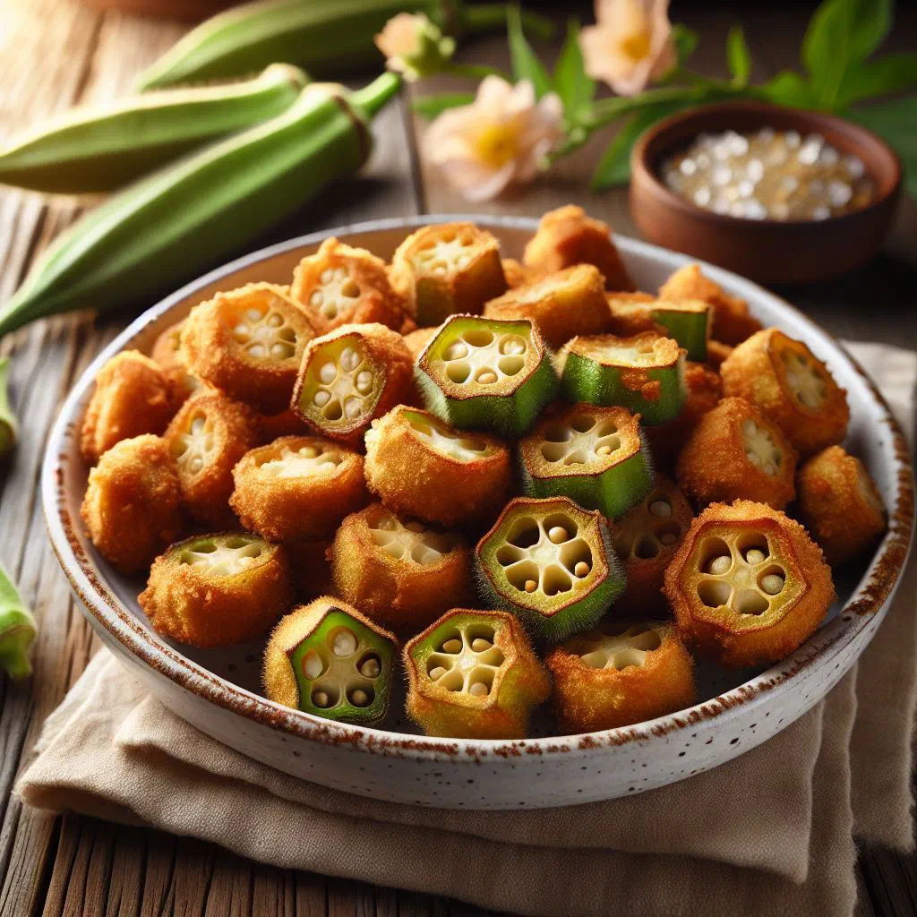 Golden, crispy fried okra pieces on a plate