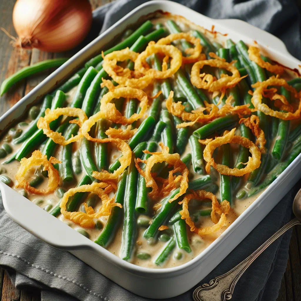 Green bean casserole topped with golden crispy fried onions in a baking dish