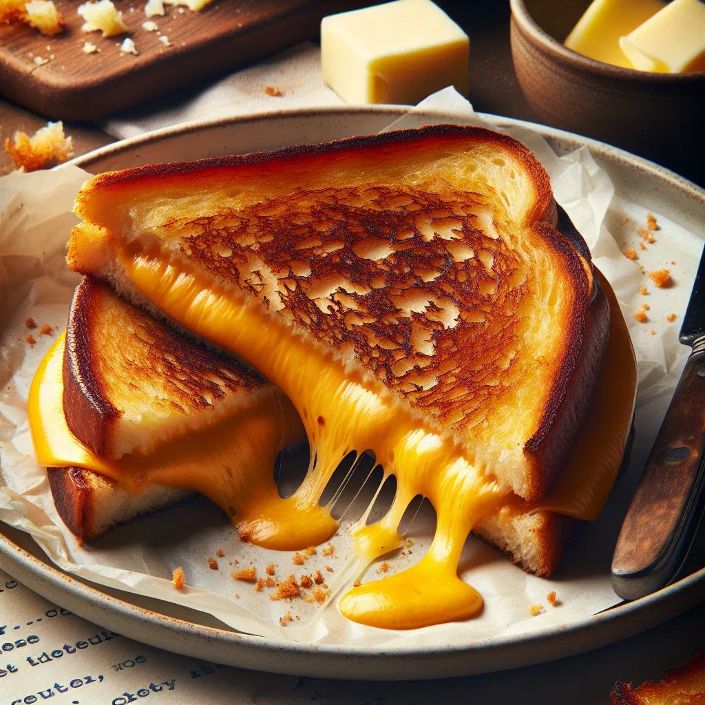 Golden grilled cheese sandwich cut in half with melted cheese pulling apart