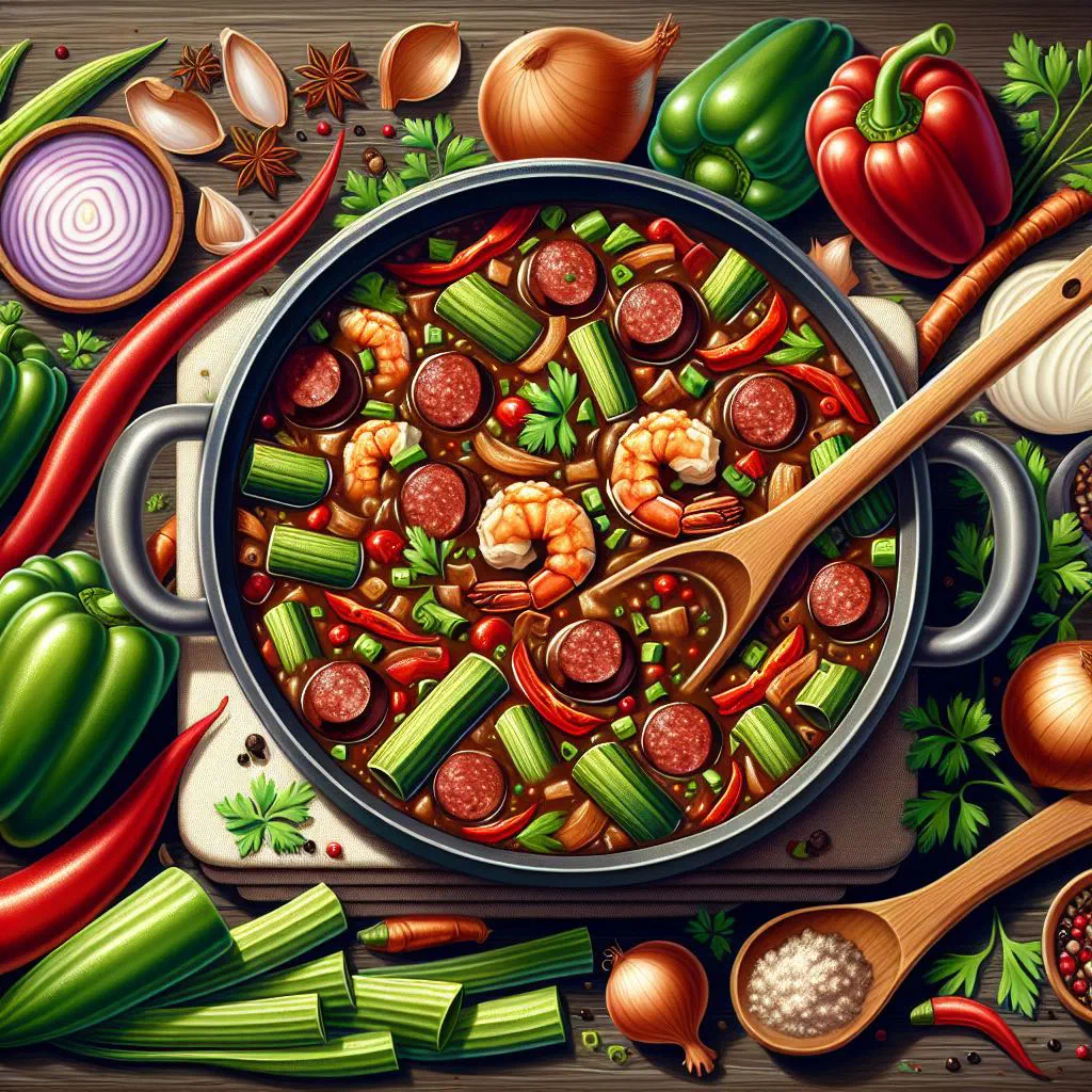 A bowl of gumbo with chicken, sausage and prawns in a rich, spiced broth