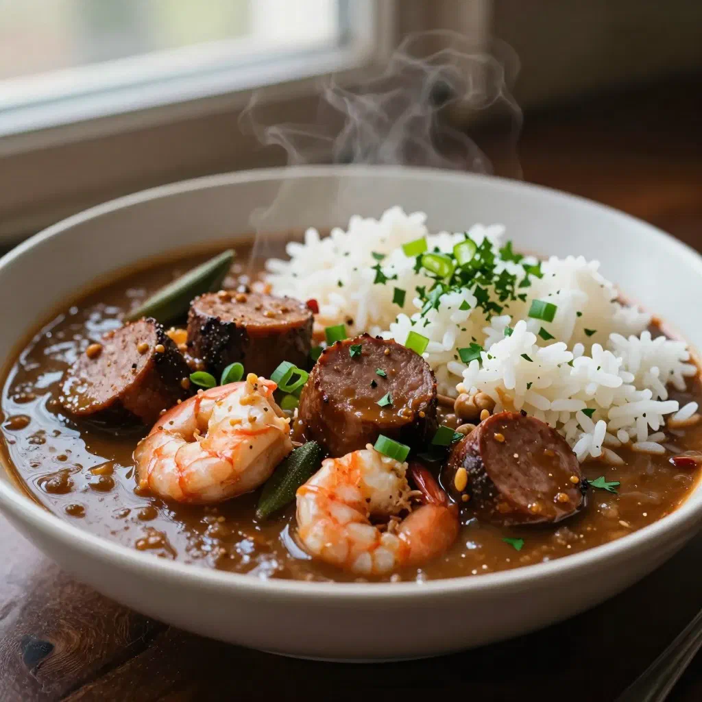 A bowl of gumbo with chicken, sausage and prawns in a rich, spiced broth