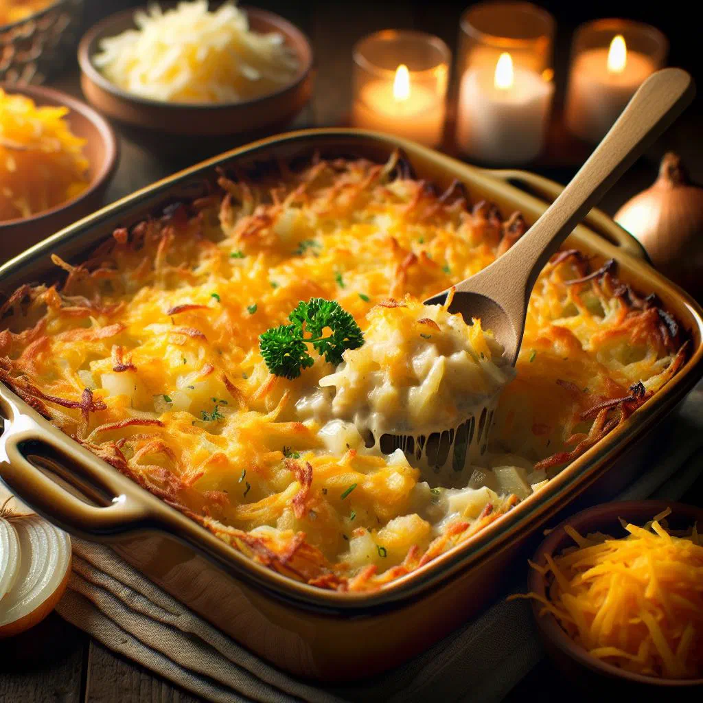 Golden baked hashbrown casserole with melted cheddar cheese