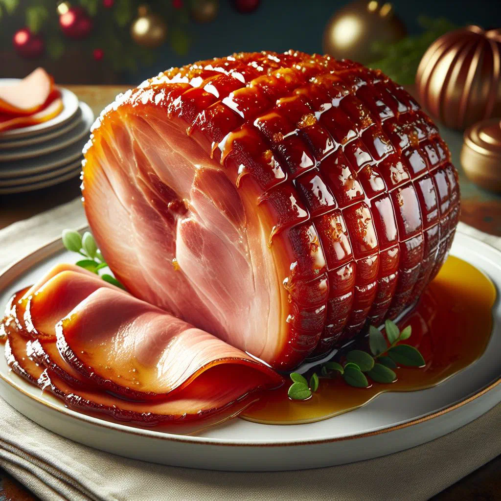 Honey glazed ham scored in a diamond pattern with a glossy golden glaze
