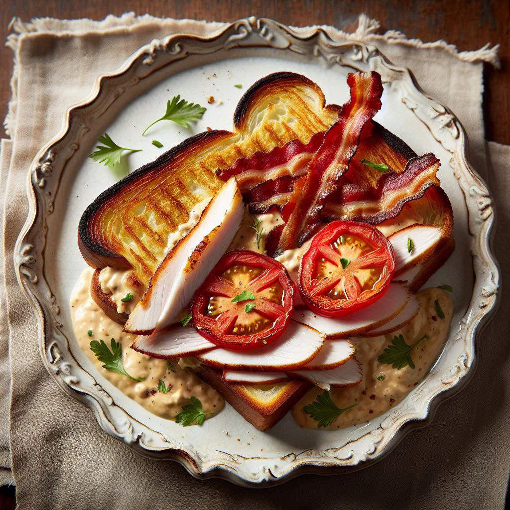 Hot Brown sandwich with turkey, melted cheese and crispy bacon on toast