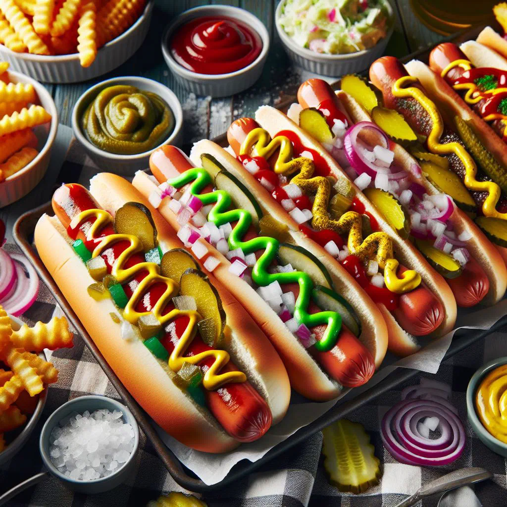 Hot dogs in soft buns topped with mustard, ketchup and chopped onions