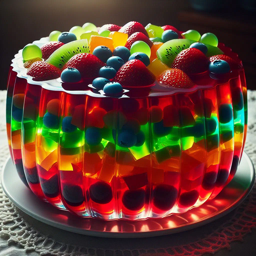 Brightly coloured layered jello salad set with fresh fruit