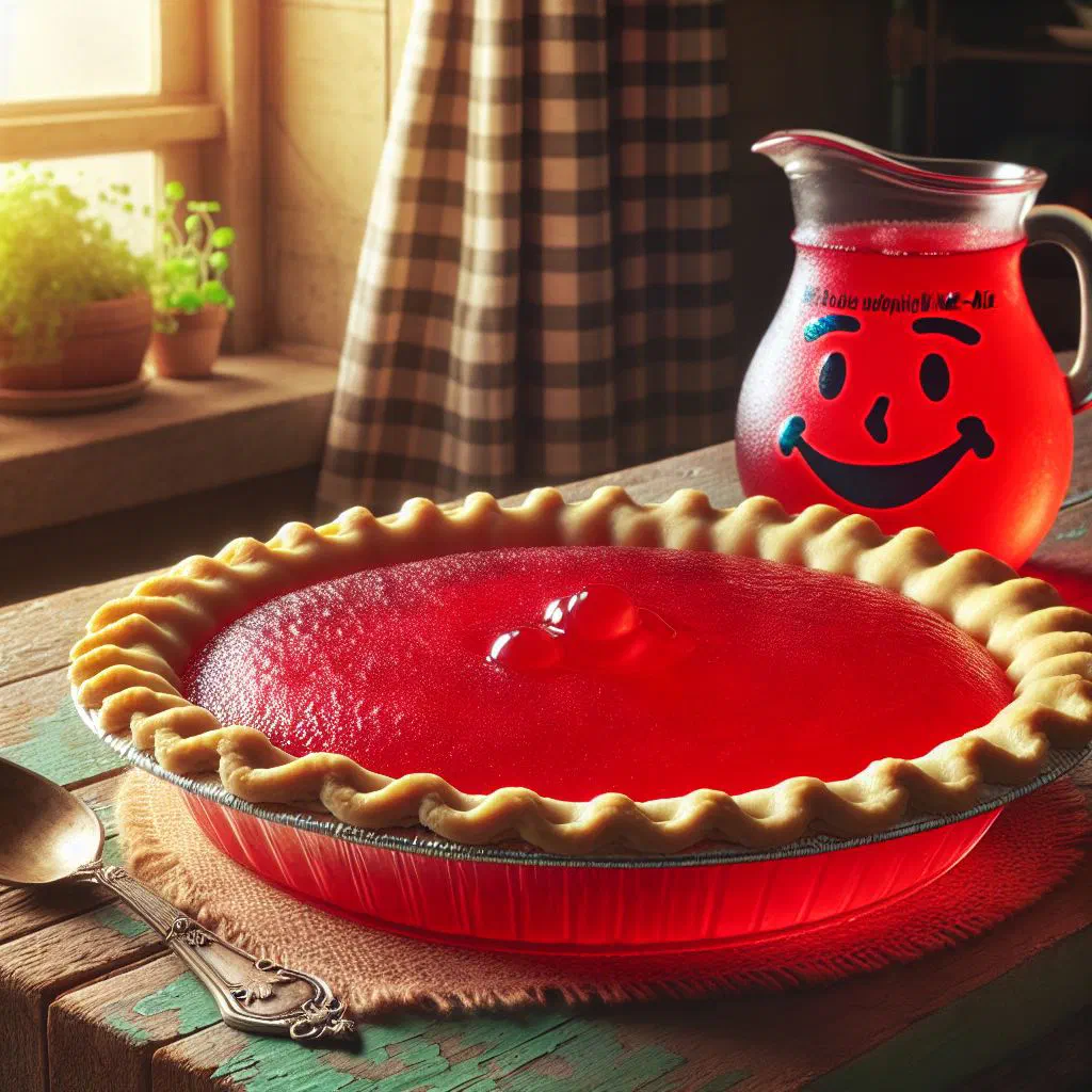 A bright pink Kool-Aid pie in a graham cracker crust, topped with whipped cream