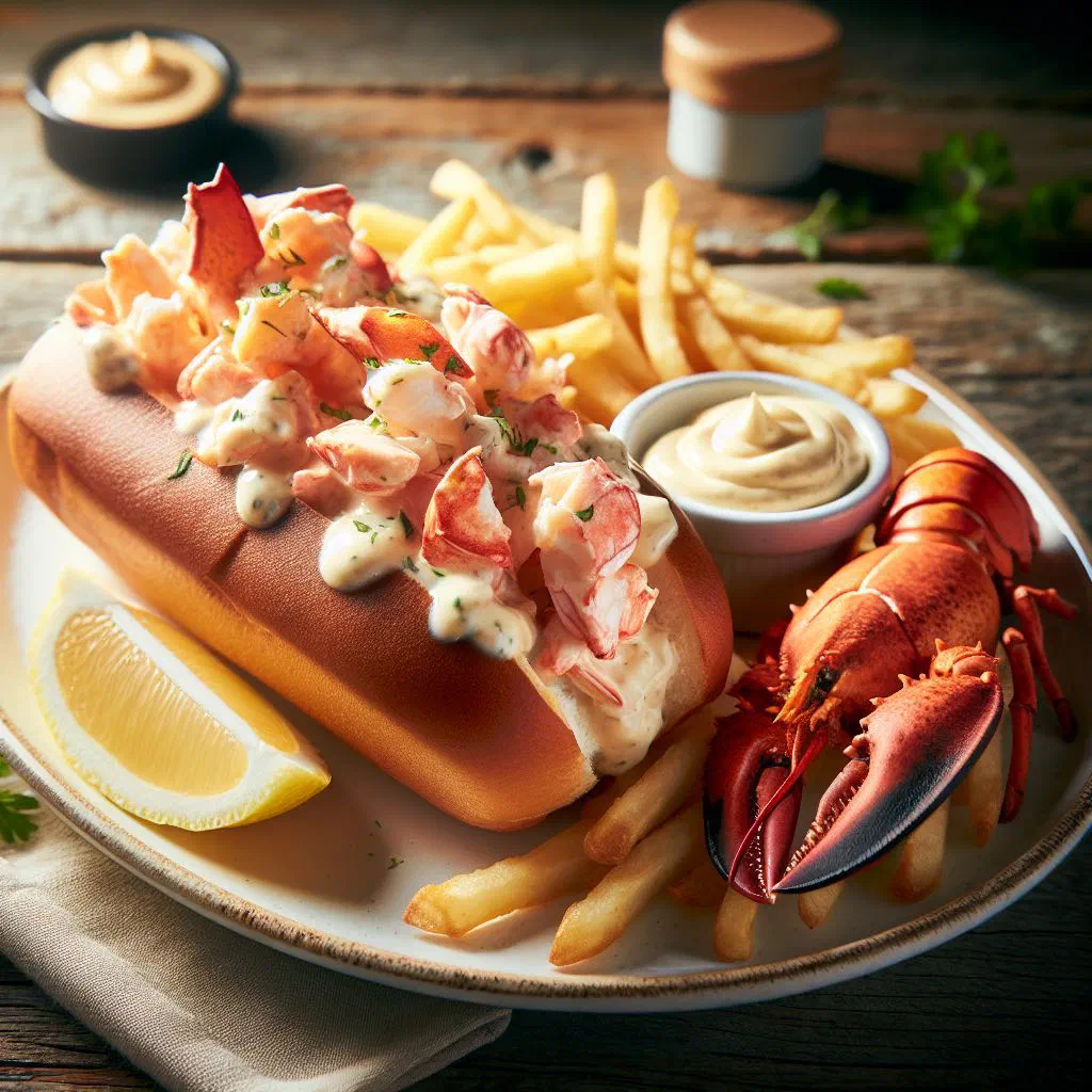 Lobster roll filled with chunks of lobster meat in a toasted bun