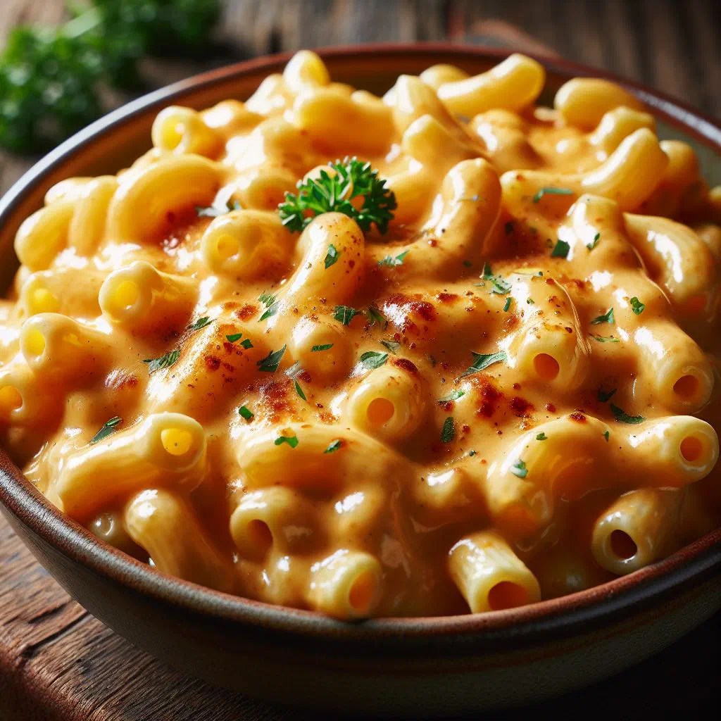 Creamy mac and cheese with a golden, crisp topping in a baking dish