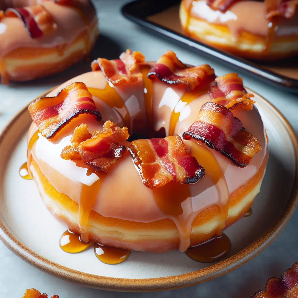 Maple bacon donuts topped with maple glaze and crispy bacon crumbles