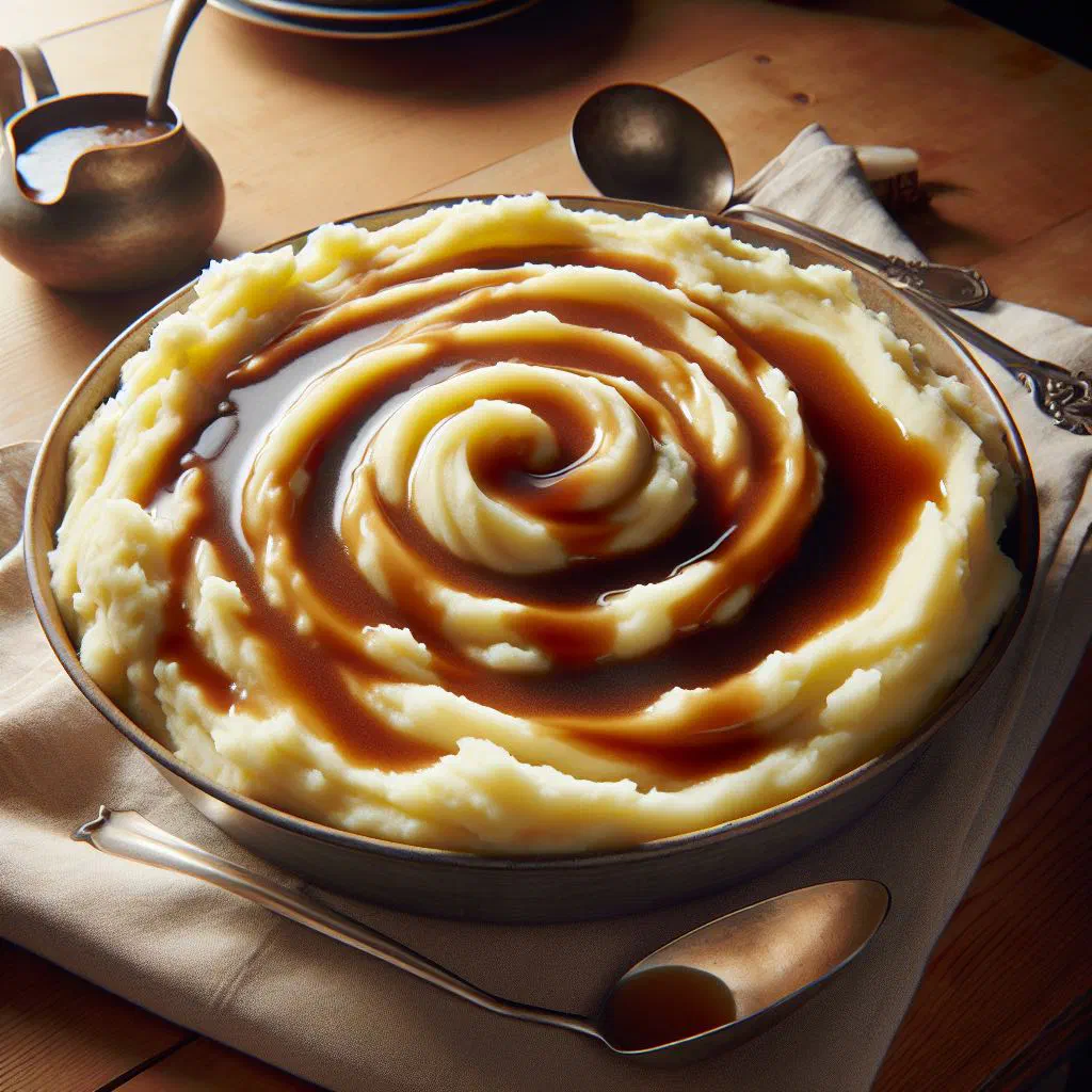 Creamy mashed potatoes topped with rich brown gravy