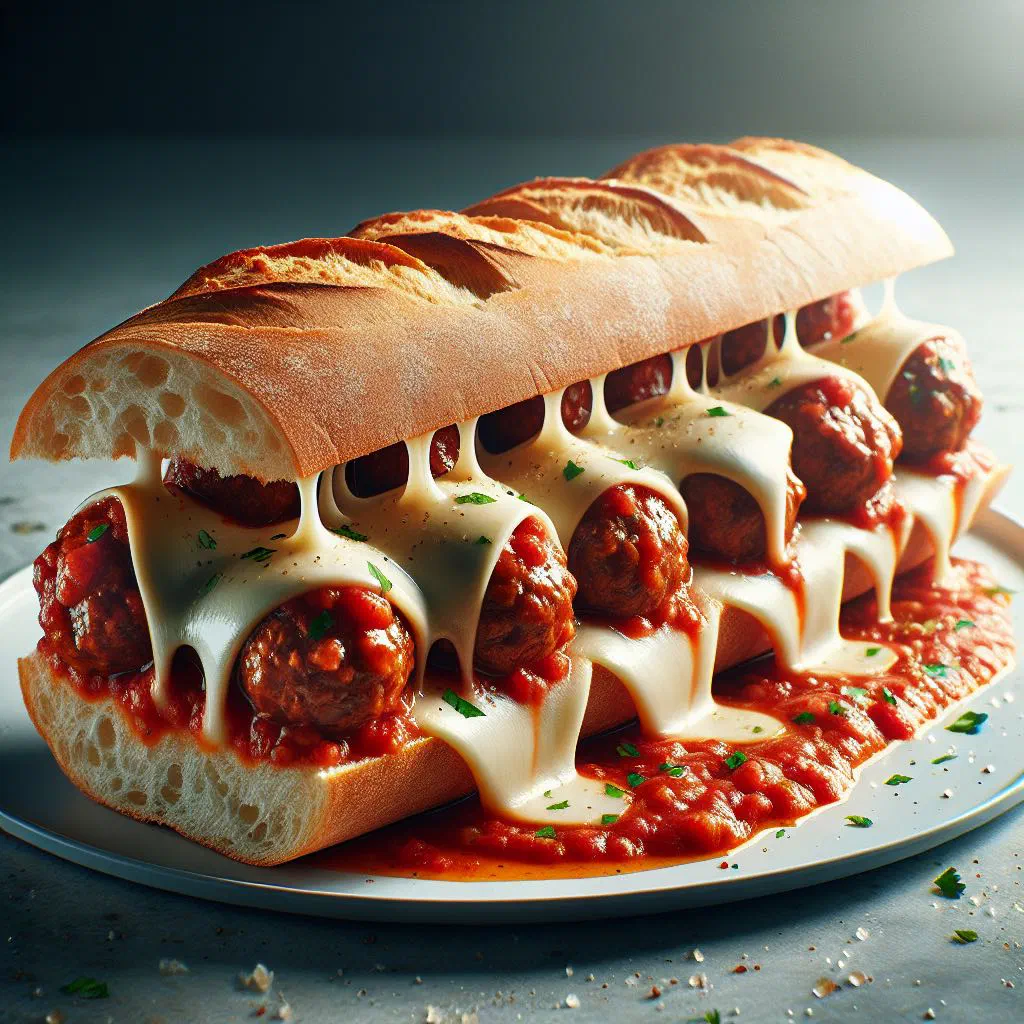 Meatball sub loaded with saucy meatballs and melted mozzarella in a crusty roll