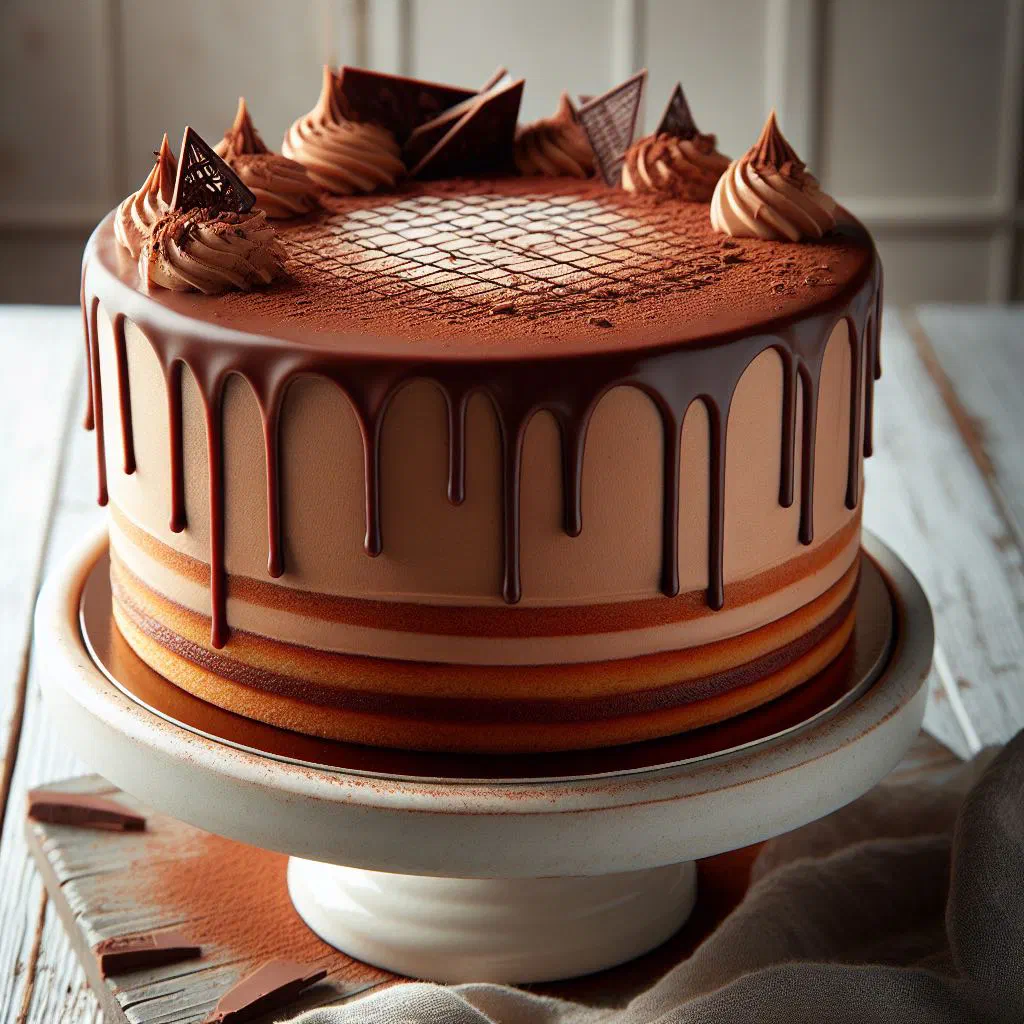 Slice of mocha layer cake with chocolate and espresso